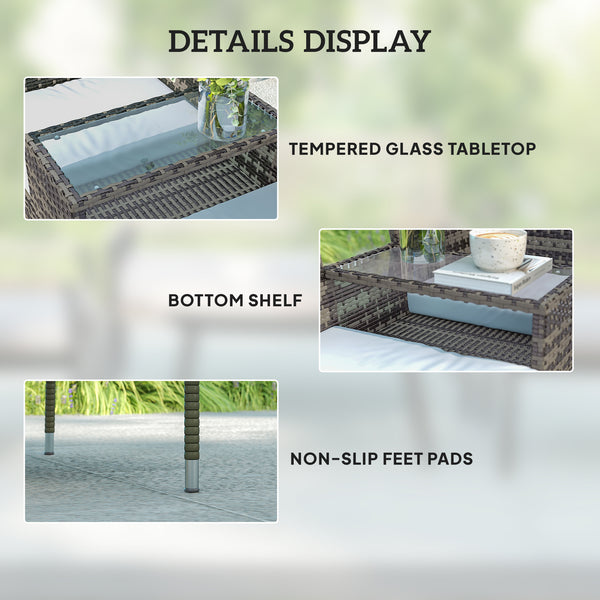 2 Seat Rattan Garden Bench, Patio Wicker Chair with Glass Tea Table, Outdoor Love Seat with Padded Cushions, for Garden, Porch, Charcoal Grey/Grey