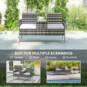 2 Seat Rattan Garden Bench, Patio Wicker Chair with Glass Tea Table, Outdoor Love Seat with Padded Cushions, for Garden, Porch, Charcoal Grey/Grey