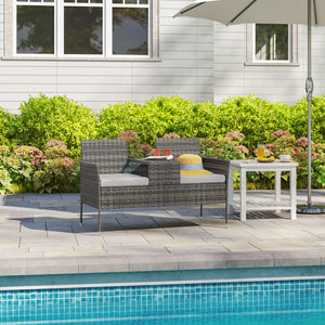2 Seat Rattan Garden Bench, Patio Wicker Chair with Glass Tea Table, Outdoor Love Seat with Padded Cushions, for Garden, Porch, Charcoal Grey/Grey
