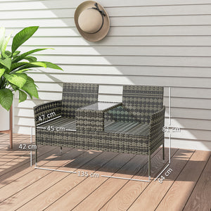 2 Seat Rattan Garden Bench, Patio Wicker Chair with Glass Tea Table, Outdoor Love Seat with Padded Cushions, for Garden, Porch, Charcoal Grey/Grey