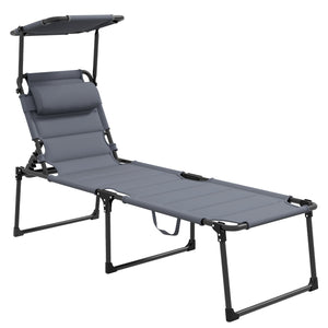 Outsunny Outdoor Lounge Chair, Adjustable Backrest Folding Chaise Lounge, Cushioned Tanning Chair with Sunshade Roof & Pillow Headrest for Beach, Camping, Hiking, Gray