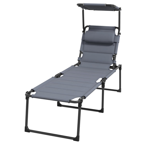 Outsunny Outdoor Lounge Chair, Adjustable Backrest Folding Chaise Lounge, Cushioned Tanning Chair with Sunshade Roof & Pillow Headrest for Beach, Camping, Hiking, Gray