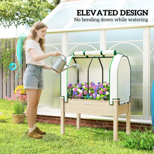 Raised Garden Bed with PE Greenhouse Cover Outdoor Elevated Wood Planter Box for Herbs and Vegetables, Use for Patio, Backyard, Balcony, 35 x 22 x 47 inch, Natural