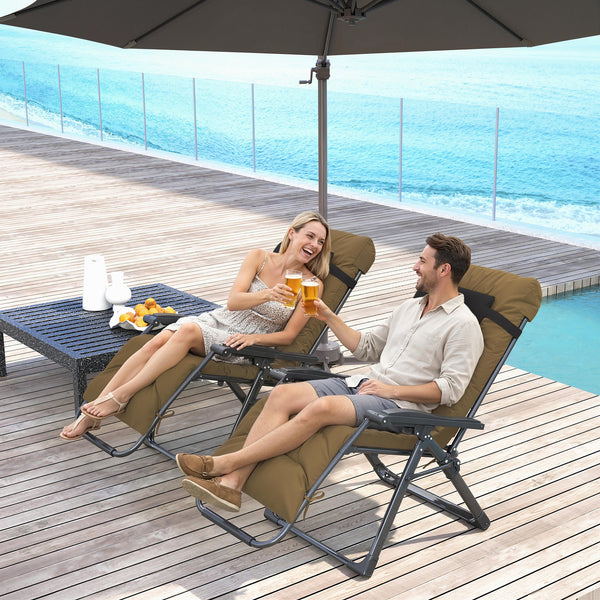 Reclining Zero Gravity Chair with Adjustable Backrest, Folding Garden Sun Lounger, Outdoor Recliner with Removable Cushion and Headrest, 2 Pieces, Khaki