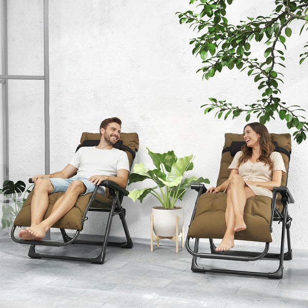 Reclining Zero Gravity Chair with Adjustable Backrest, Folding Garden Sun Lounger, Outdoor Recliner with Removable Cushion and Headrest, 2 Pieces, Khaki