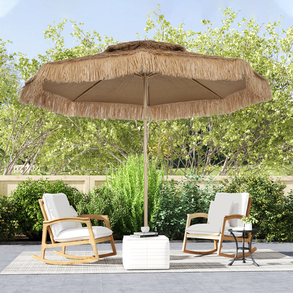 10FT Hula Thatched Tiki Patio Umbrella, 2-Tier Tropical Hawaiian Style Outdoor Umbrella with 8 Ribs, UPF30+, for Garden, Backyard, Deck, Pool, Natural