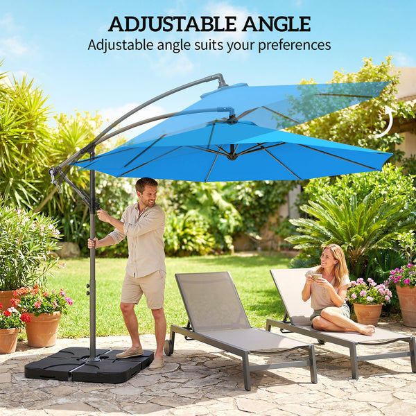 3 m Cantilever Parasol with Umbrella Weights, Cross Base, Offset Outdoor Umbrella with Protective Cover, Crank Handle, Hanging Sun Shade, Blue