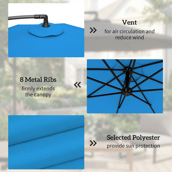 3 m Cantilever Parasol with Umbrella Weights, Cross Base, Offset Outdoor Umbrella with Protective Cover, Crank Handle, Hanging Sun Shade, Blue