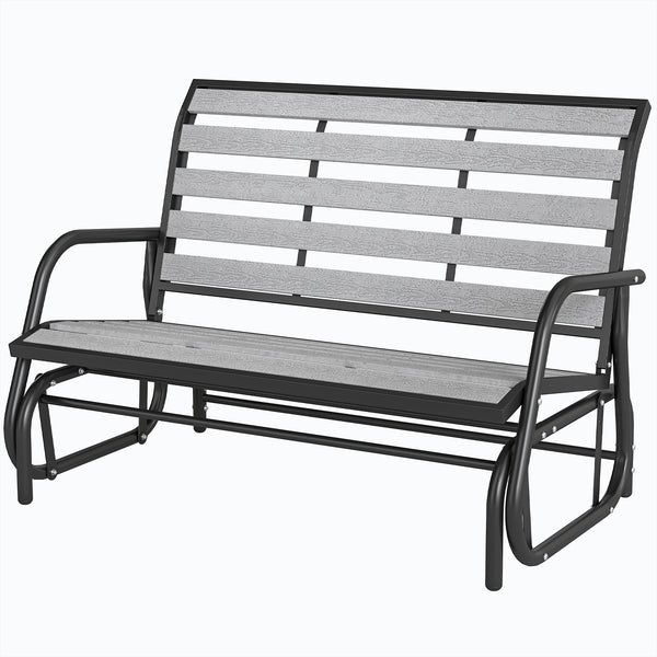 2 Person Outdoor Glider Bench, Patio Glider Swing Loveseat with Faux Wood Slatted Seat and Back, Outdoor Swing Bench with Steel Frame for Backyard, Garden, Porch, Grey