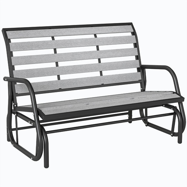 2 Person Outdoor Glider Bench, Patio Glider Swing Loveseat with Faux Wood Slatted Seat and Back, Outdoor Swing Bench with Steel Frame for Backyard, Garden, Porch, Grey