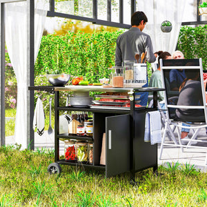 Outdoor BBQ Trolley with Foldable Side Table, Stainless Steel Top, Outdoor Kitchen with Wheels Hooks Shelves Cabinet, Pizza Oven Table Movable Outdoor Grill Dining Cart with Cover, Black