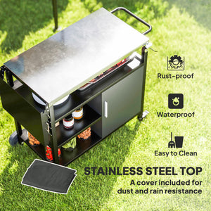 Outdoor BBQ Trolley with Foldable Side Table, Stainless Steel Top, Outdoor Kitchen with Wheels Hooks Shelves Cabinet, Pizza Oven Table Movable Outdoor Grill Dining Cart with Cover, Black