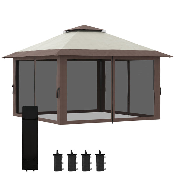 Outsunny 13' x 13' Pop Up Gazebo with Netting, UPF 50+ Instant Canopy Tent Shelter with Water/Sand Bags, Wheeled Carry Bag, for Outdoor, Garden, Parties, Beige