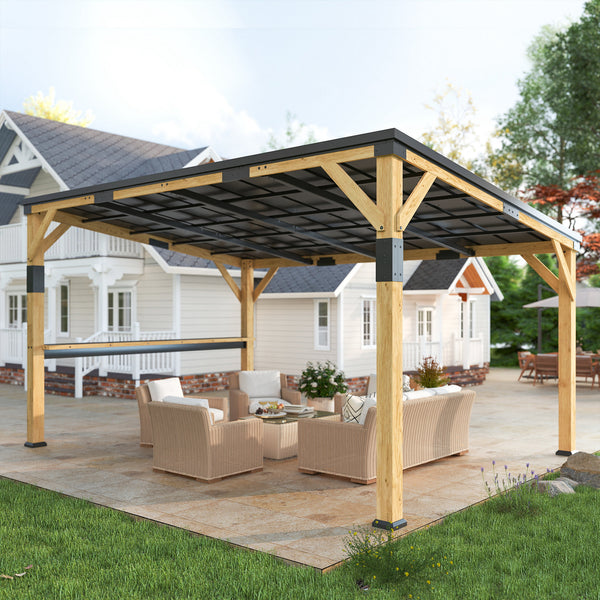10' x 14' Wooden Gazebo, Hardtop Lean-to Gazebo Pergola with Galvanized Steel Sloped Roof, Bar Shelf, Large Heavy Duty Awning for Patio, Deck, Backyard, Natural Wood