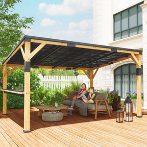 10' x 14' Wooden Gazebo, Hardtop Lean-to Gazebo Pergola with Galvanized Steel Sloped Roof, Bar Shelf, Large Heavy Duty Awning for Patio, Deck, Backyard, Natural Wood