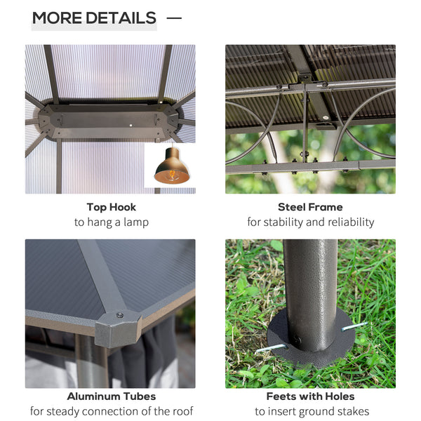 3 x 3.6m Hardtop Gazebo Canopy with Polycarbonate Roof, Permanent Pavilion Garden Gazebo with Curtains for Patio, Deck, Grey