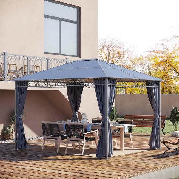 3 x 3.6m Hardtop Gazebo Canopy with Polycarbonate Roof, Permanent Pavilion Garden Gazebo with Curtains for Patio, Deck, Grey