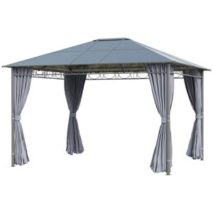 3 x 3.6m Hardtop Gazebo Canopy with Polycarbonate Roof, Permanent Pavilion Garden Gazebo with Curtains for Patio, Deck, Grey
