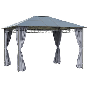 3 x 3.6m Hardtop Gazebo Canopy with Polycarbonate Roof, Permanent Pavilion Garden Gazebo with Curtains for Patio, Deck, Grey