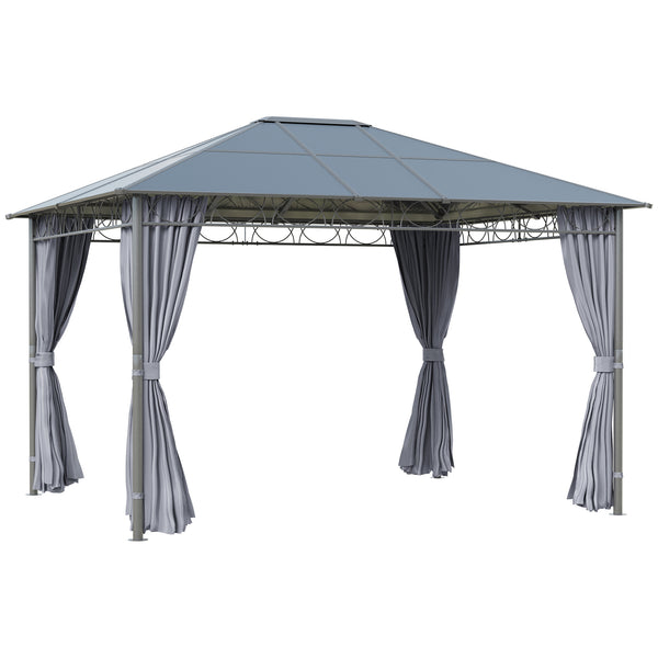 3 x 3.6m Hardtop Gazebo Canopy with Polycarbonate Roof, Permanent Pavilion Garden Gazebo with Curtains for Patio, Deck, Grey