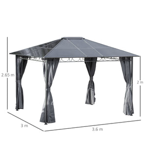 3 x 3.6m Hardtop Gazebo Canopy with Polycarbonate Roof, Permanent Pavilion Garden Gazebo with Curtains for Patio, Deck, Grey