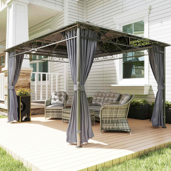 3 x 3.6m Hardtop Gazebo Canopy with Polycarbonate Roof, Permanent Pavilion Garden Gazebo with Curtains for Patio, Deck, Grey