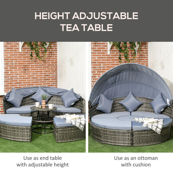 Outsunny 4 Piece Round Rattan Daybed, Convertible Patio Furniture Set, Adjustable Sun Canopy, Sectional Outdoor Sofa, 2 Chairs, Extending Tea Table Ottoman Chair, 3 Pillows, Light Gray