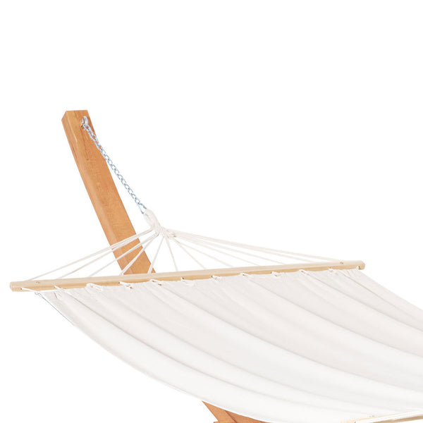 Outsunny Outdoor Hammock with Stand, Extra Large Heavy Duty Wooden Frame, No Tree Needed, 12.8' Indoor Outside Boho Style Nap Bed, Natural Cotton, White