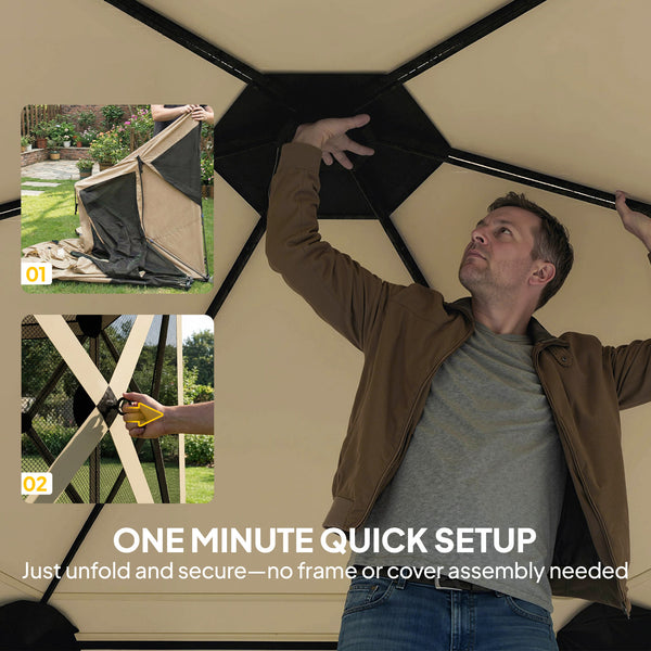 10 x 11 ft Pop Up Gazebo Screen Tent, Outdoor Portable Instant Camping Canopy Screen House Sun Shelter with Mesh Nettings, Carry Bag, Ground Stakes, Ropes for Patio, Backyard, Beige