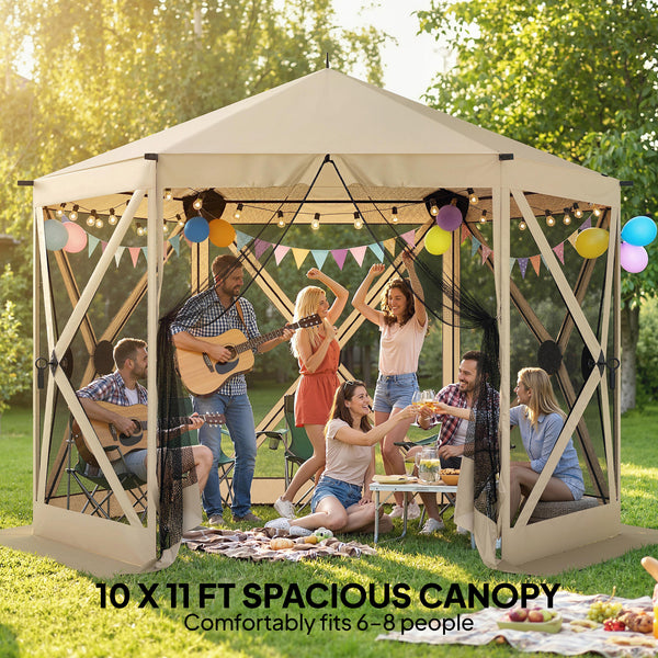 10 x 11 ft Pop Up Gazebo Screen Tent, Outdoor Portable Instant Camping Canopy Screen House Sun Shelter with Mesh Nettings, Carry Bag, Ground Stakes, Ropes for Patio, Backyard, Beige