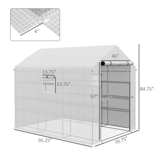 Outsunny 8' x 6' x 7' Walk-in Greenhouse with Mesh Door and Windows, 18 Shelf Green House with Trellis, Plant Labels, UV protective for Growing Flowers, Herbs, Vegetables, Saplings, White