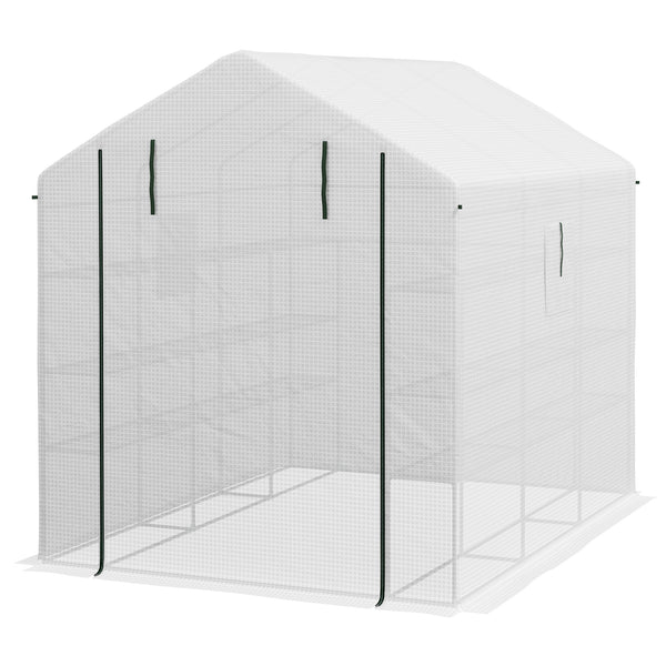 Outsunny 8' x 6' x 7' Walk-in Greenhouse with Mesh Door and Windows, 18 Shelf Green House with Trellis, Plant Labels, UV protective for Growing Flowers, Herbs, Vegetables, Saplings, White