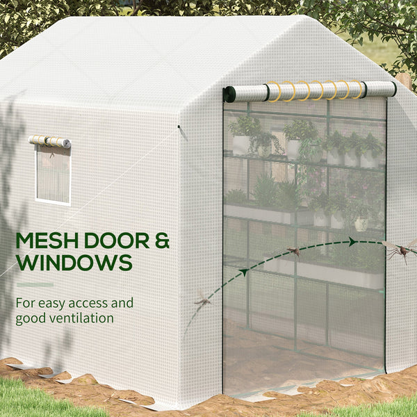 Outsunny 8' x 6' x 7' Walk-in Greenhouse with Mesh Door and Windows, 18 Shelf Green House with Trellis, Plant Labels, UV protective for Growing Flowers, Herbs, Vegetables, Saplings, White