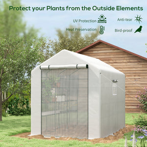 Outsunny 8' x 6' x 7' Walk-in Greenhouse with Mesh Door and Windows, 18 Shelf Green House with Trellis, Plant Labels, UV protective for Growing Flowers, Herbs, Vegetables, Saplings, White