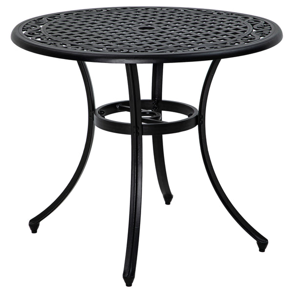 Garden Table with Parasol Hole, 90cm Round Outdoor Dining Table for 2-4, Cast Aluminium Bistro Coffee Table for Balcony - Black