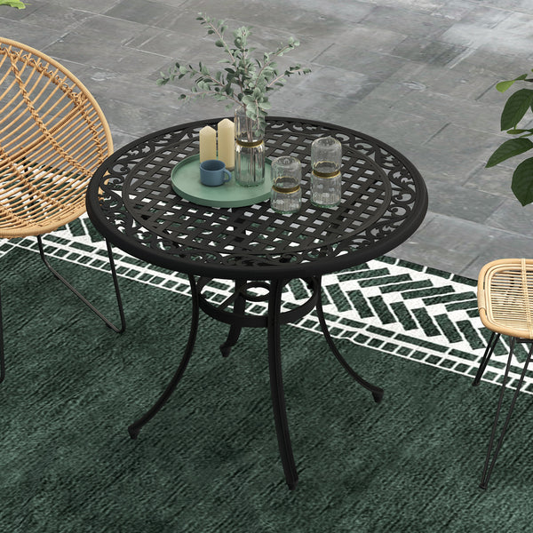 Garden Table with Parasol Hole, 90cm Round Outdoor Dining Table for 2-4, Cast Aluminium Bistro Coffee Table for Balcony - Black
