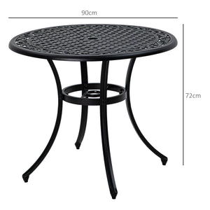 Garden Table with Parasol Hole, 90cm Round Outdoor Dining Table for 2-4, Cast Aluminium Bistro Coffee Table for Balcony - Black
