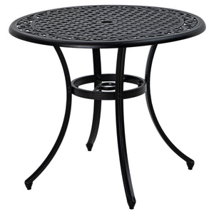 Garden Table with Parasol Hole, 90cm Round Outdoor Dining Table for 2-4, Cast Aluminium Bistro Coffee Table for Balcony - Black