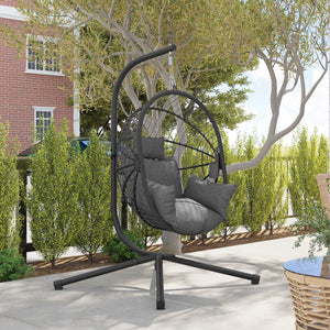Hanging Egg Chair with Thick Padded Cushion, Foldable Wicker Egg Swing Chair with Metal Stand, Hammock Chair with Cup Holder, Rope Structure, for Indoor and Outdoor, Grey