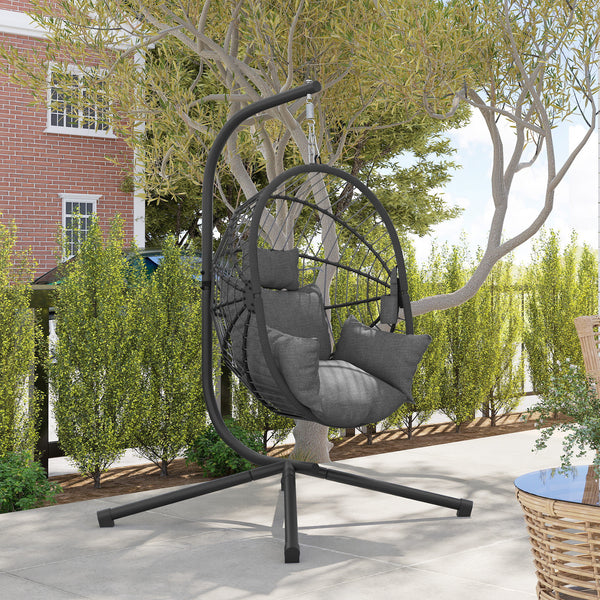 Hanging Egg Chair with Thick Padded Cushion, Foldable Wicker Egg Swing Chair with Metal Stand, Hammock Chair with Cup Holder, Rope Structure, for Indoor and Outdoor, Grey