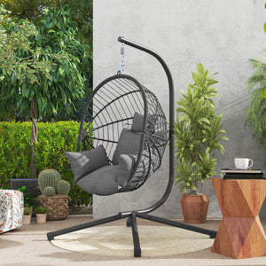 Hanging Egg Chair with Thick Padded Cushion, Foldable Wicker Egg Swing Chair with Metal Stand, Hammock Chair with Cup Holder, Rope Structure, for Indoor and Outdoor, Grey