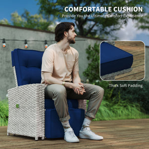 4 Piece Rattan Garden Furniture Set with Adjustable Backrest, Wicker Outdoor Furniture Sofa Set with Loveseat, Reclining Armchairs, Thickened Cushions and Glass Top Table, Navy Blue