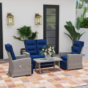 4 Piece Rattan Garden Furniture Set with Adjustable Backrest, Wicker Outdoor Furniture Sofa Set with Loveseat, Reclining Armchairs, Thickened Cushions and Glass Top Table, Navy Blue