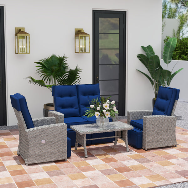 4 Piece Rattan Garden Furniture Set with Adjustable Backrest, Wicker Outdoor Furniture Sofa Set with Loveseat, Reclining Armchairs, Thickened Cushions and Glass Top Table, Navy Blue