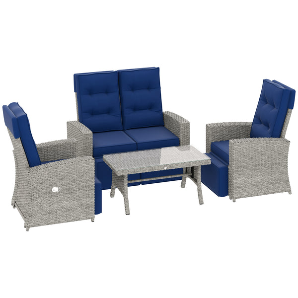 4 Piece Rattan Garden Furniture Set with Adjustable Backrest, Wicker Outdoor Furniture Sofa Set with Loveseat, Reclining Armchairs, Thickened Cushions and Glass Top Table, Navy Blue