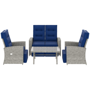 4 Piece Rattan Garden Furniture Set with Adjustable Backrest, Wicker Outdoor Furniture Sofa Set with Loveseat, Reclining Armchairs, Thickened Cushions and Glass Top Table, Navy Blue