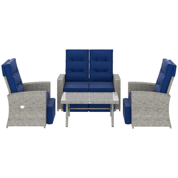 4 Piece Rattan Garden Furniture Set with Adjustable Backrest, Wicker Outdoor Furniture Sofa Set with Loveseat, Reclining Armchairs, Thickened Cushions and Glass Top Table, Navy Blue