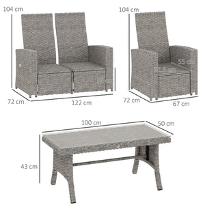 4 Piece Rattan Garden Furniture Set with Adjustable Backrest, Wicker Outdoor Furniture Sofa Set with Loveseat, Reclining Armchairs, Thickened Cushions and Glass Top Table, Navy Blue