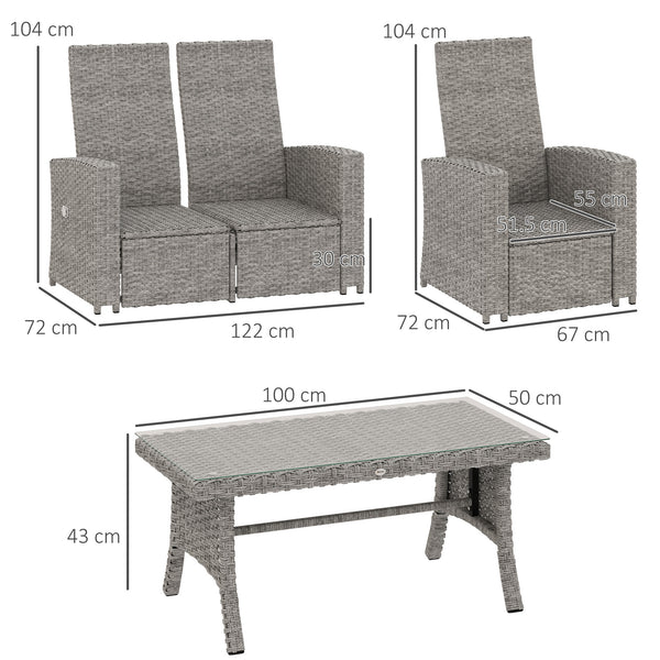 4 Piece Rattan Garden Furniture Set with Adjustable Backrest, Wicker Outdoor Furniture Sofa Set with Loveseat, Reclining Armchairs, Thickened Cushions and Glass Top Table, Navy Blue