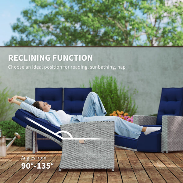 4 Piece Rattan Garden Furniture Set with Adjustable Backrest, Wicker Outdoor Furniture Sofa Set with Loveseat, Reclining Armchairs, Thickened Cushions and Glass Top Table, Navy Blue